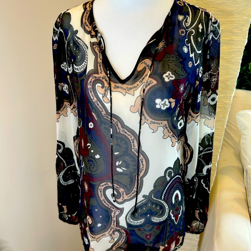 Ecru multi-colour sheer blouse features